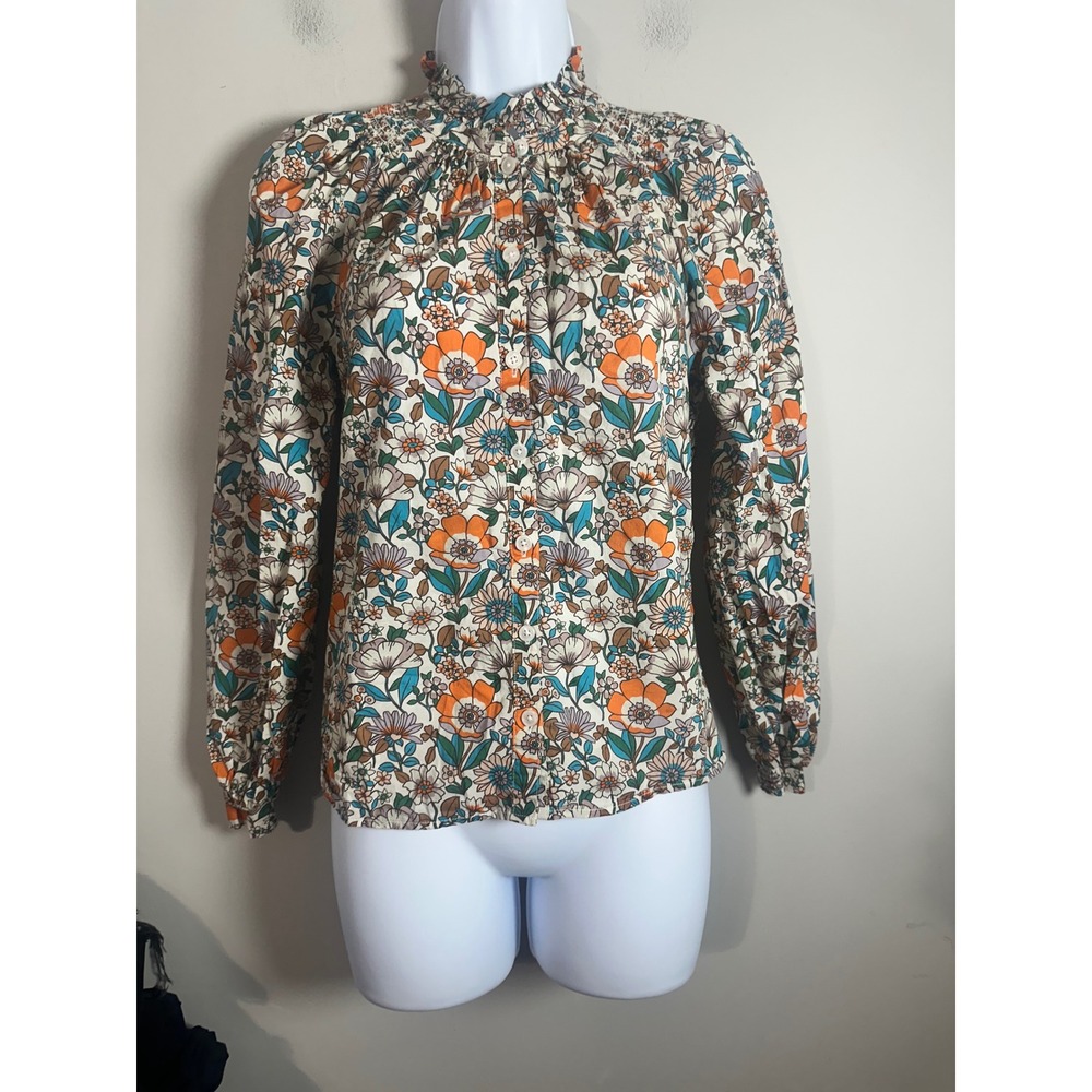 Boden Erica Cotton Frill Top Floral Ruffle Neck Blouse Orange Teal US 0 UK 4 - Picture 3 of 6